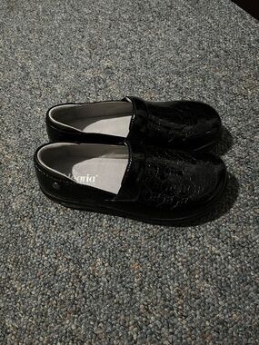 Alegria Black Patent Croc-Embossed Slip-On Mules